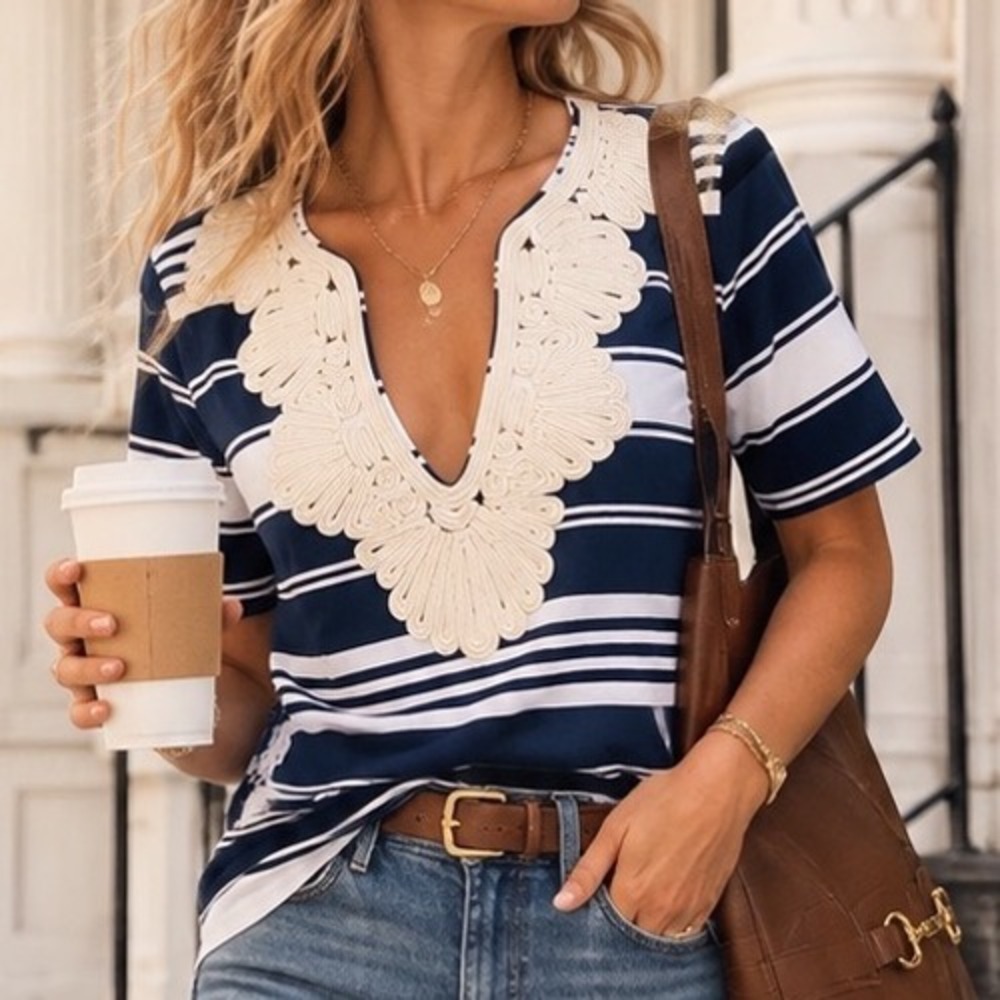 J.Crew Navy White Striped Soutache Rope V-Neck Top Short Sleeve 74915 NEW M B6